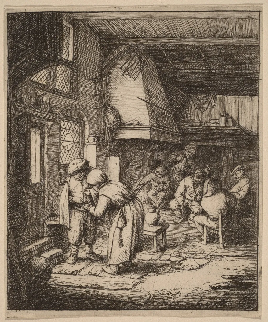 Man Paying the Landlady at an Inn, by Adriaen van Ostade, ink, 1652