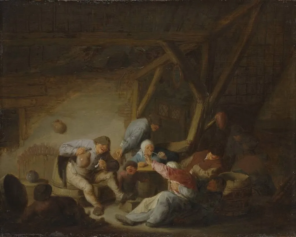 Merry peasant company in a an interior, by Adriaen van Ostade, oil, 1635