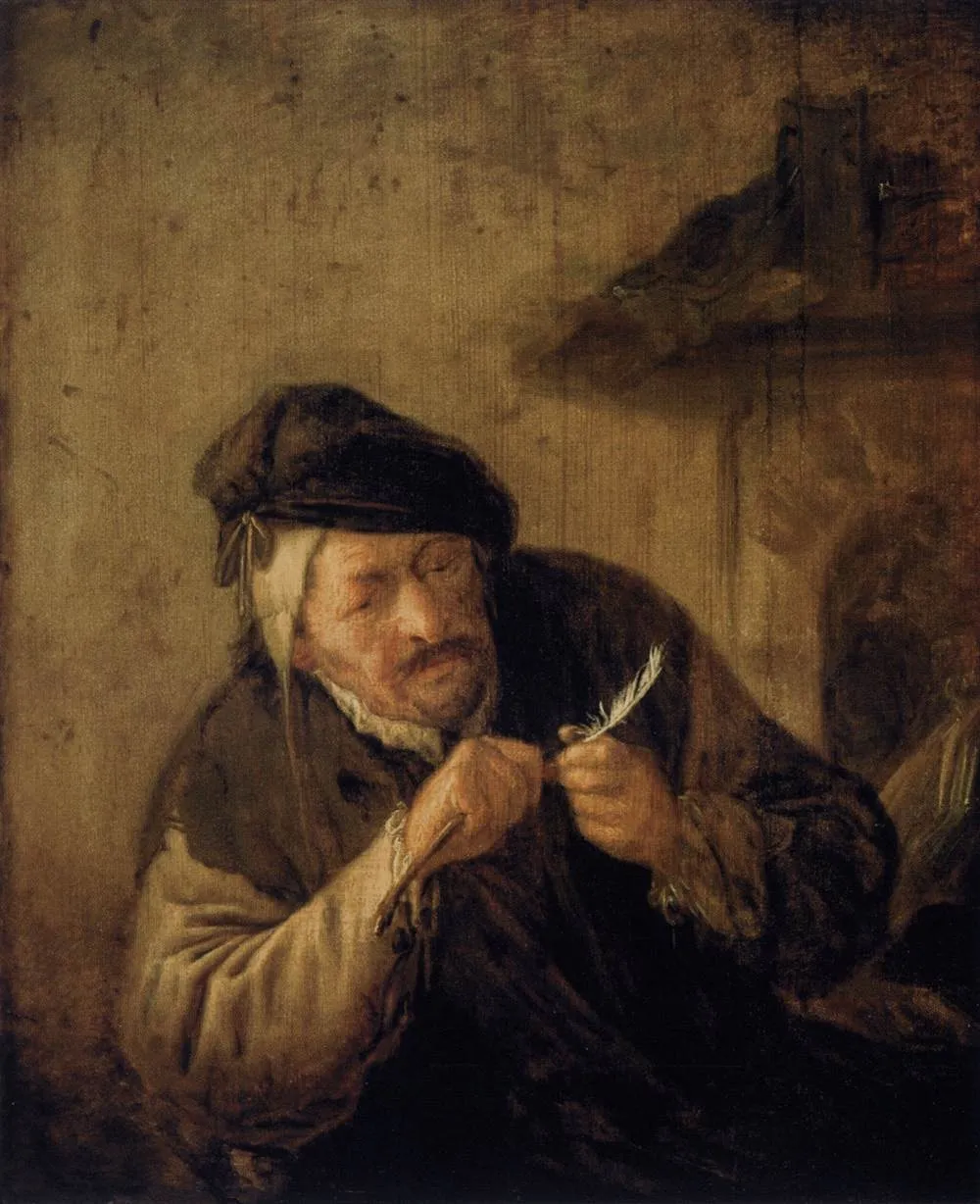 Old Man Mending his Pen, by Adriaen van Ostade, oil, 1700