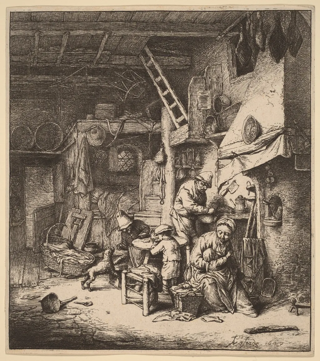 Peasant Family in an Interior with the Mother Feeding a Child, by Adriaen van Ostade, ink, 1647