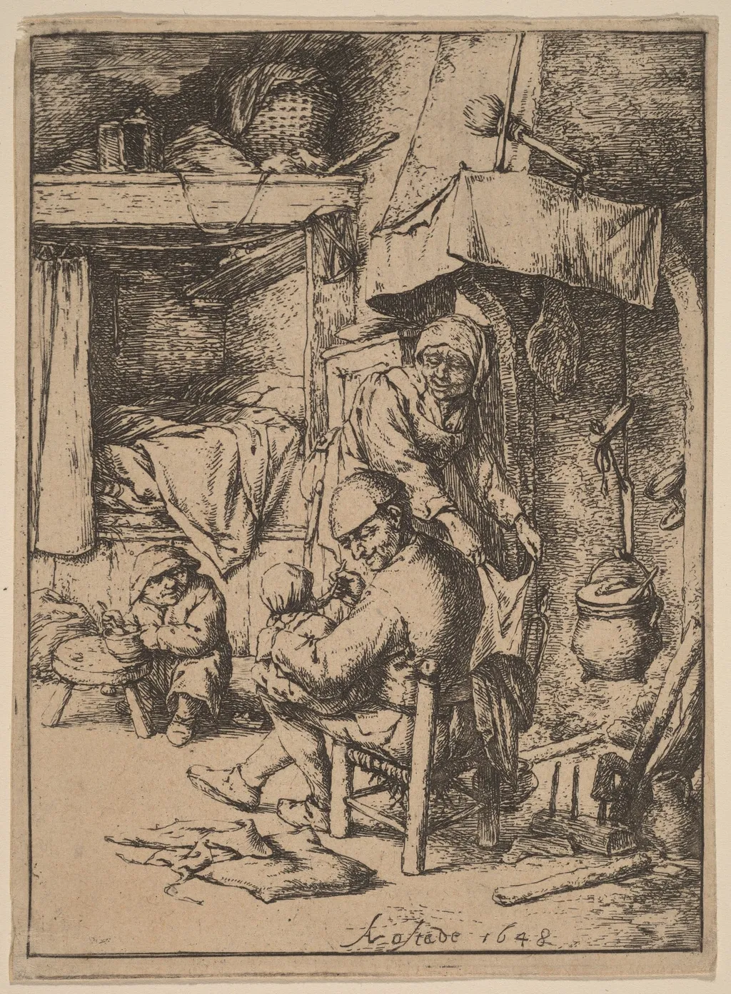 Peasant Family in an Interior wtih the Father Feeding a Child, by Adriaen van Ostade, ink, 1648