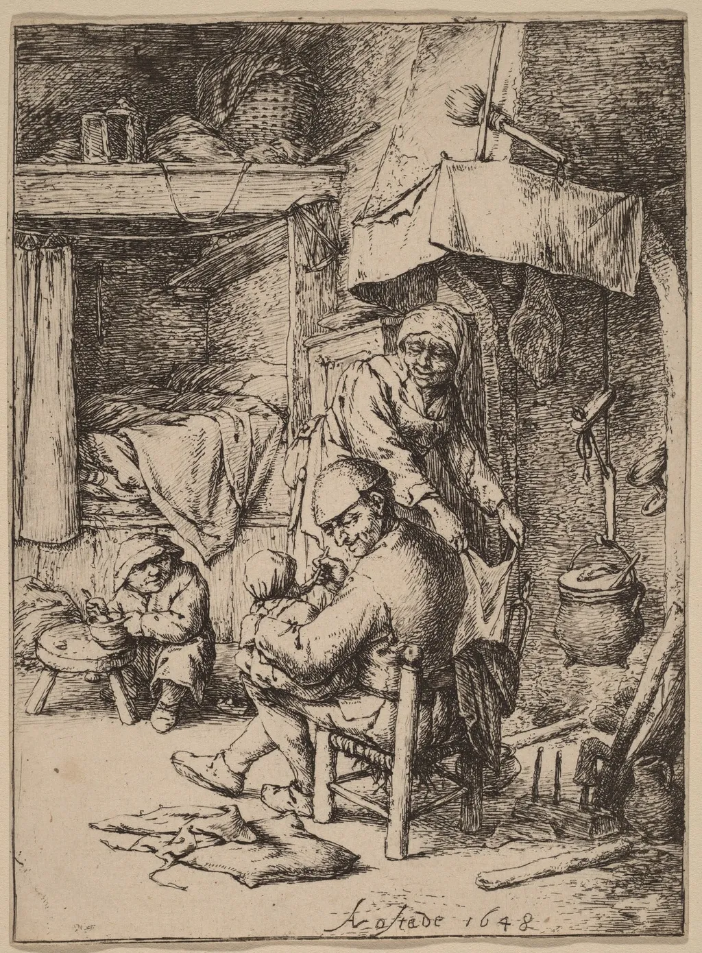 Peasant Family in an Interior wtih the Father Feeding a Child, by Adriaen van Ostade, ink, 1648