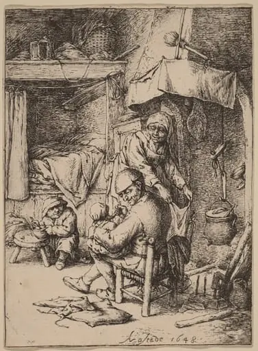 Peasant Family in an Interior wtih the Father Feeding a Child, by Adriaen van Ostade