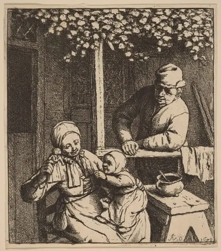 Peasant Family on a Porch with a Girl Reaching for a Doll, by Adriaen van Ostade