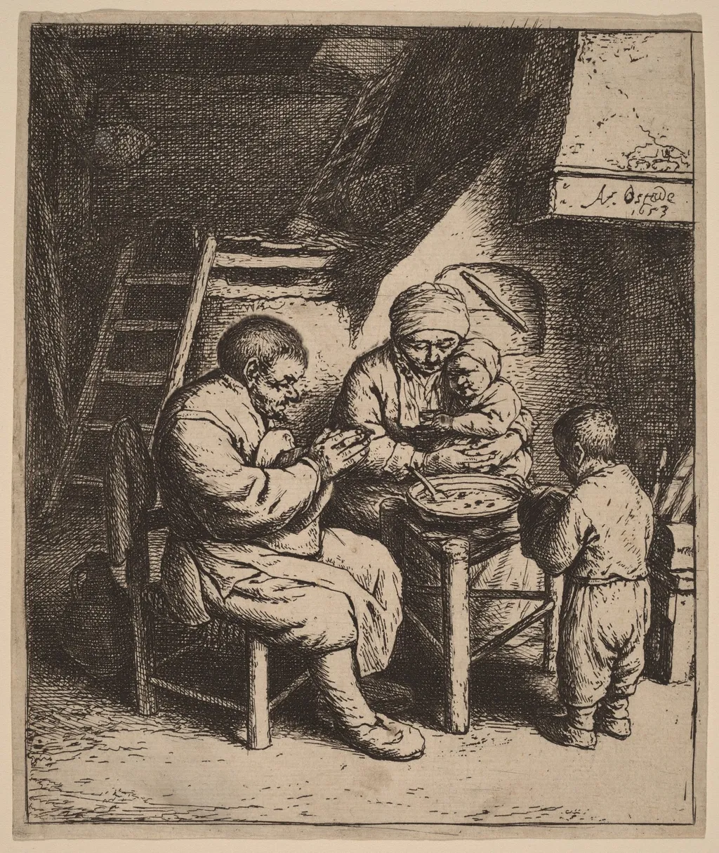 Peasant Family Praying Before a Meal, by Adriaen van Ostade, ink, 1653
