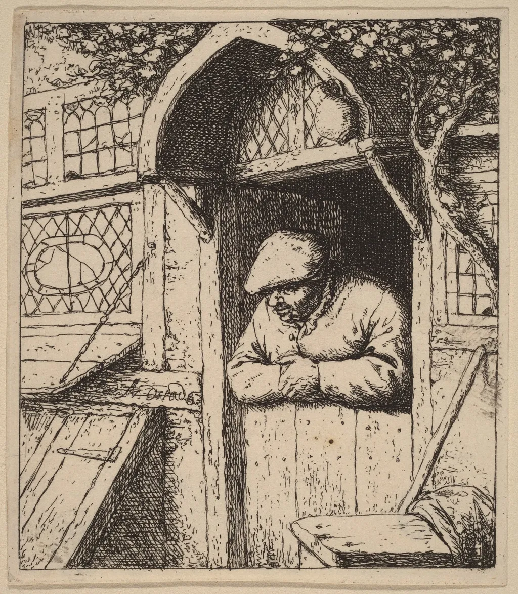 Peasant Leaning on His Doorway, by Adriaen van Ostade, ink, 1653