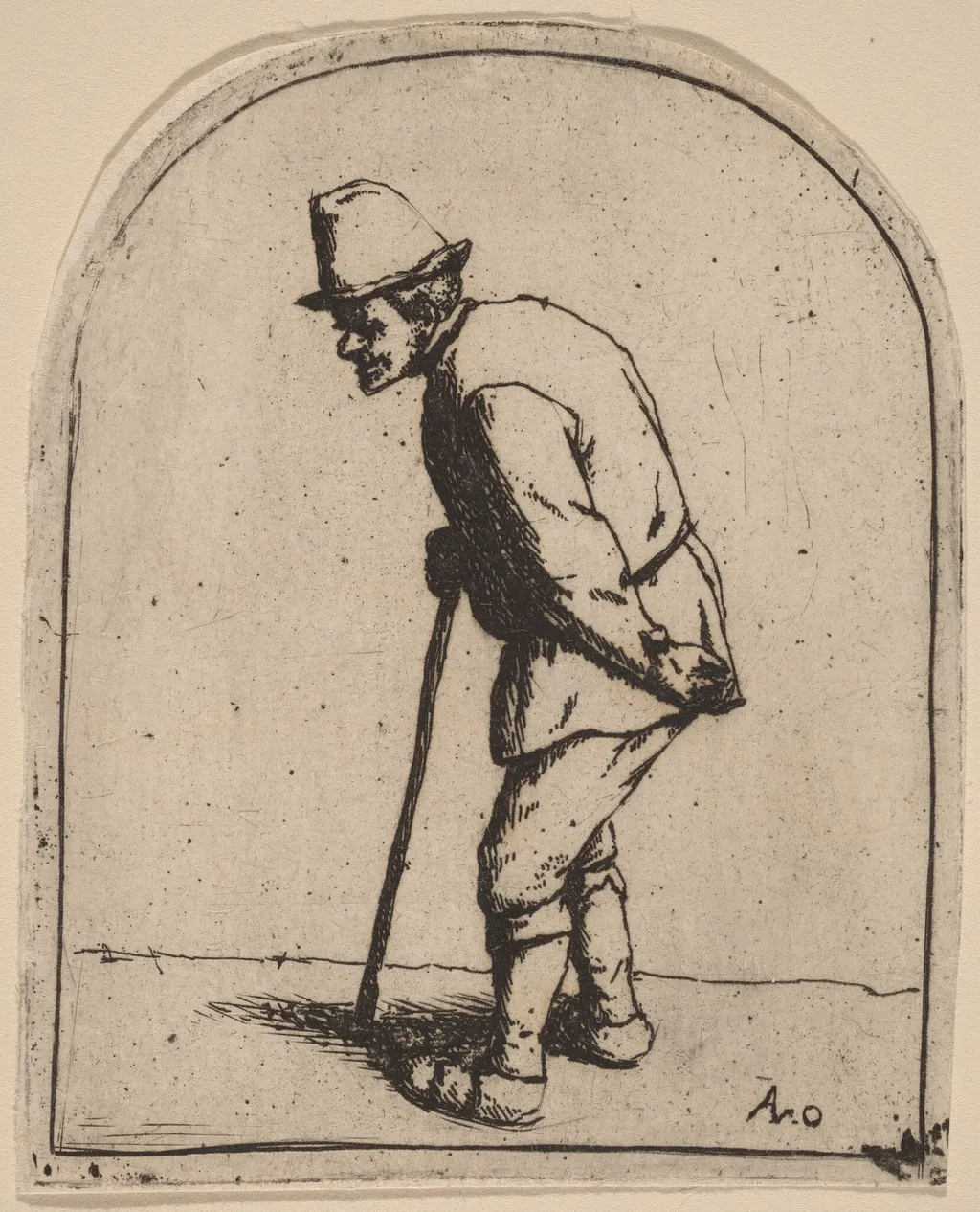 Peasant with a Crooked Back Leaning on a Stick, by Adriaen van Ostade, ink, 1653