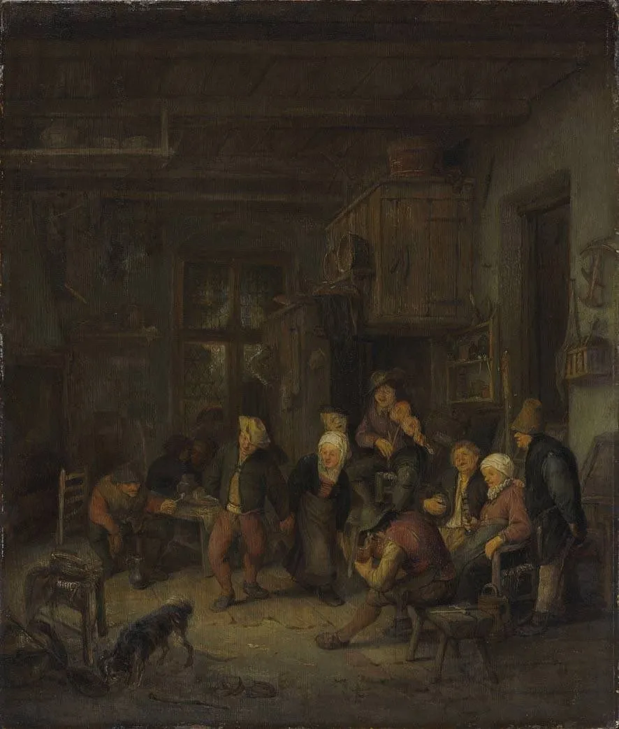 Peasants Drinking and Dancing at an Inn, by Adriaen van Ostade, oil, 1650