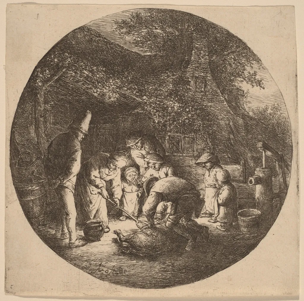 Peasants Outside a Farm Slaughtering a Pig, by Adriaen van Ostade, ink, 1652