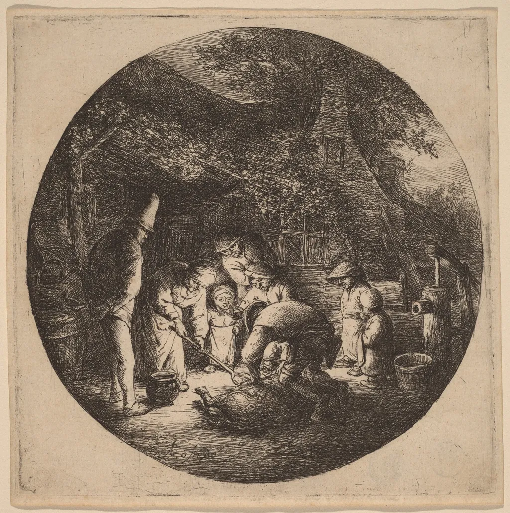 Peasants Outside a Farm Slaughtering a Pig, by Adriaen van Ostade, ink, 1652