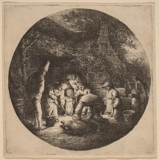 Peasants Outside a Farm Slaughtering a Pig, by Adriaen van Ostade