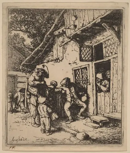 Peasants Outside an Inn Entertained by Musicians with a Flute and a Drum, by Adriaen van Ostade