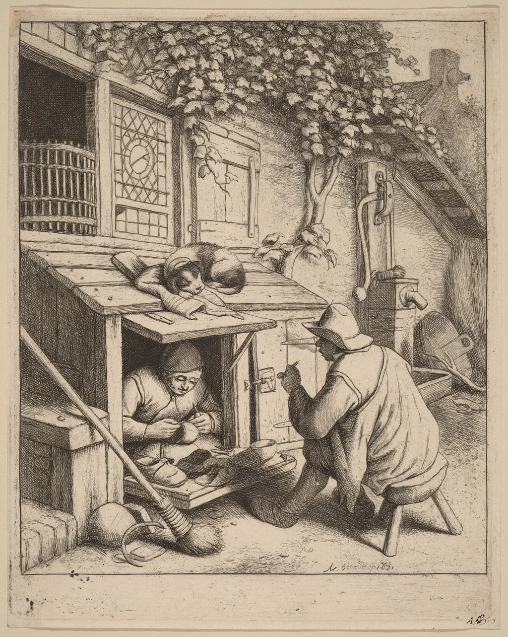 Smoker on a Stool Conversing with a Cobbler at Work, by Adriaen van Ostade, ink, 1671