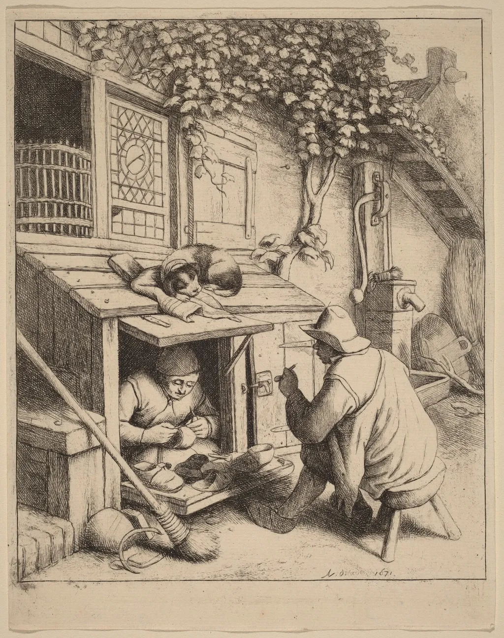 Smoker on a Stool Conversing with a Cobbler at Work, by Adriaen van Ostade, ink, 1671