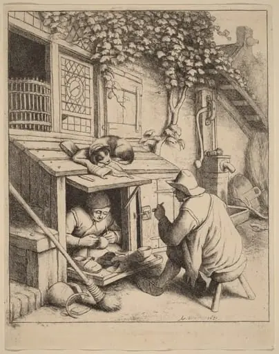 Smoker on a Stool Conversing with a Cobbler at Work, by Adriaen van Ostade