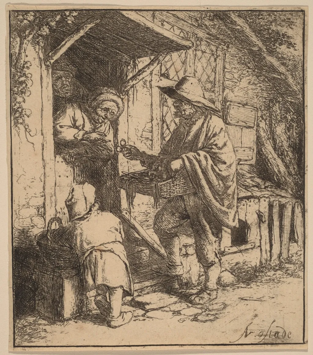 Street Vendor Selling Spectacles at the Door, by Adriaen van Ostade, ink, 1647