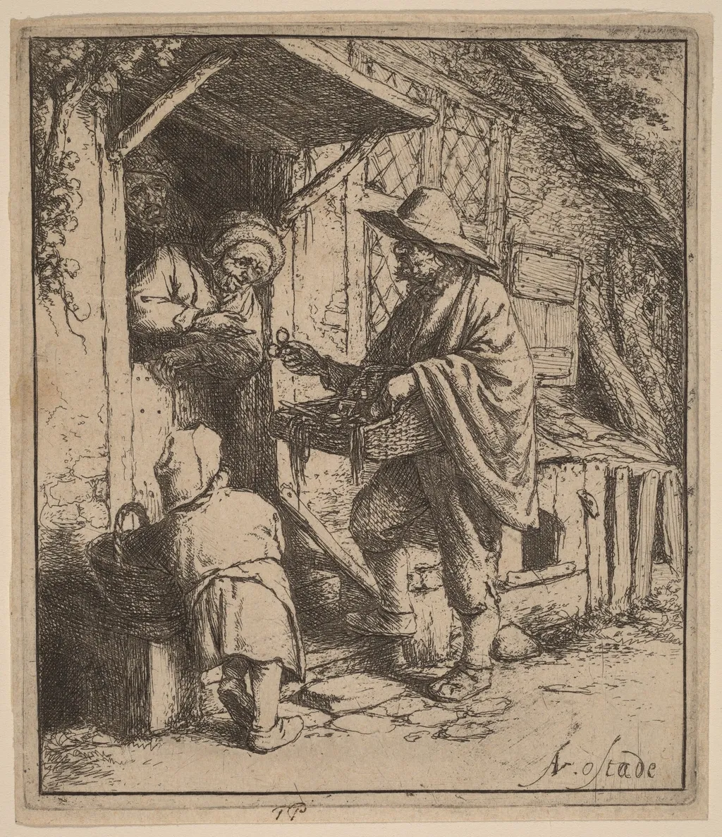 Street Vendor Selling Spectacles at the Door, by Adriaen van Ostade, ink, 1647