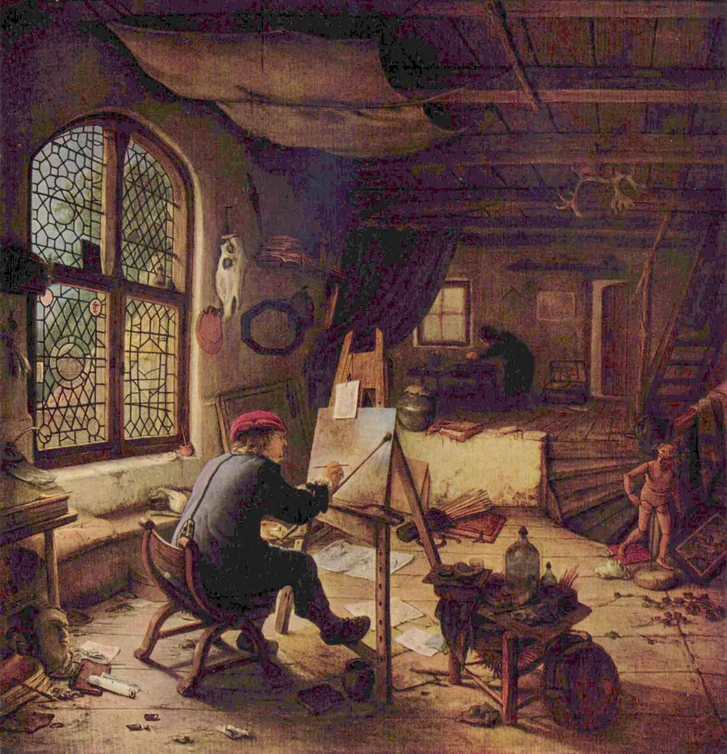 The painter in his studio, by Adriaen van Ostade, oil, 1663