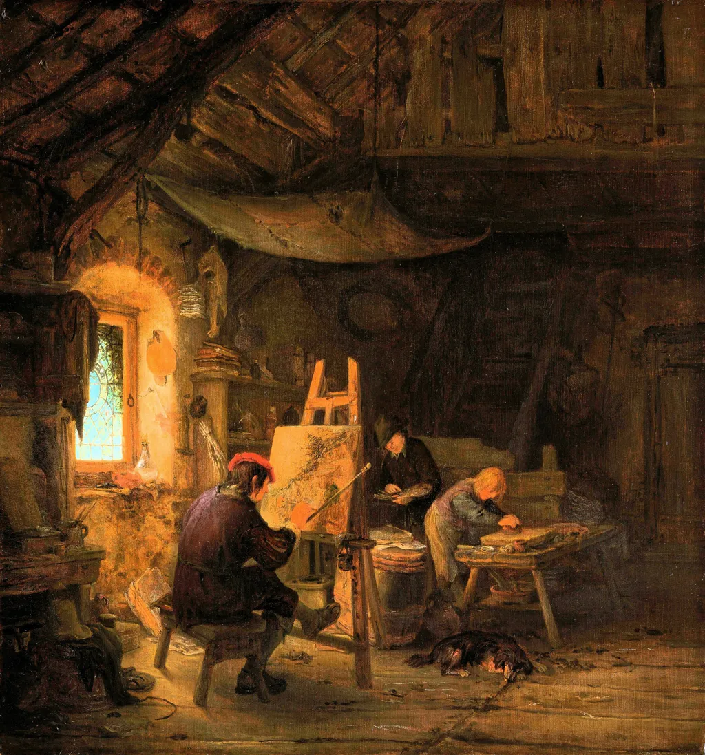 The Painter’s Studio, by Adriaen van Ostade, oil, 1670