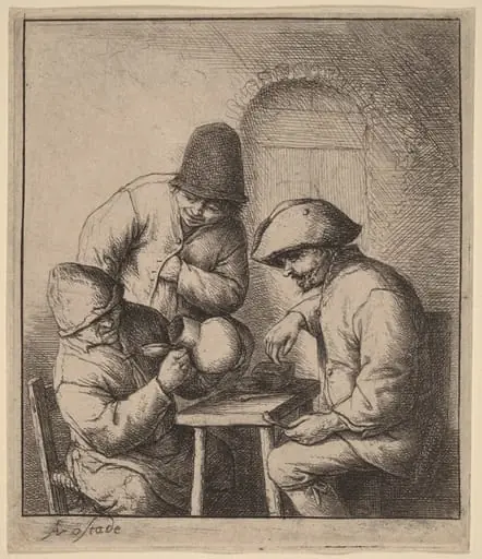 Three Peasants at an Inn, One Looking Down a Jug, by Adriaen van Ostade