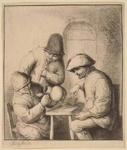 Three Peasants at an Inn, One Looking Down a Jug, by Adriaen van Ostade