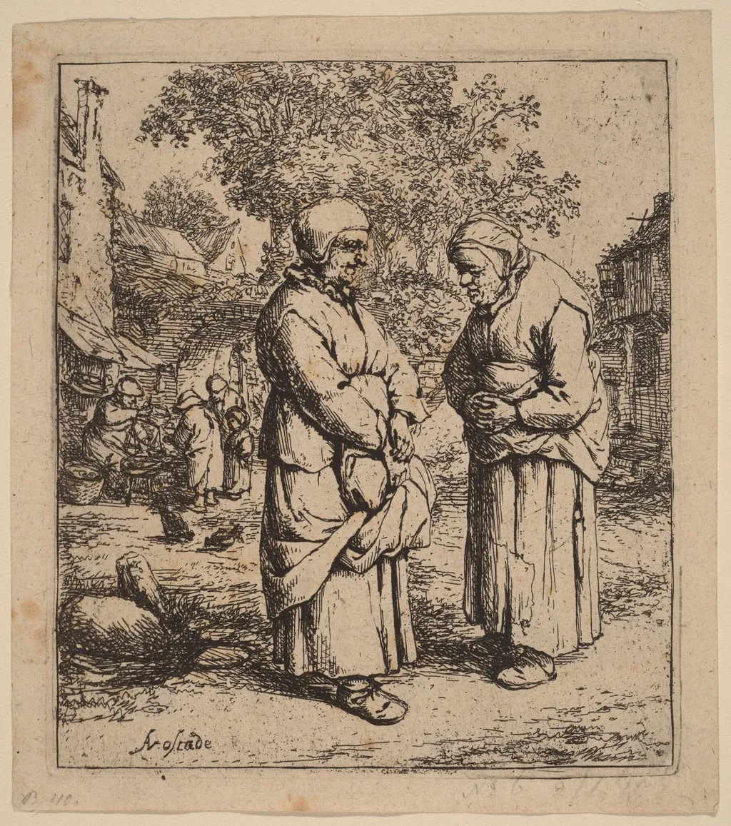 Two Peasant Women Conversing on a Village Street, by Adriaen van Ostade, ink, 1652