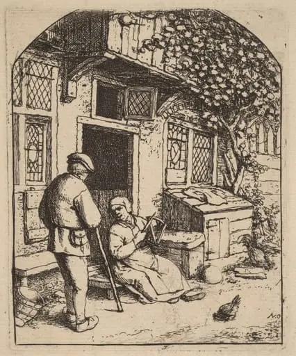 Two Peasants Outside a House, the Woman Winding Wool, by Adriaen van Ostade