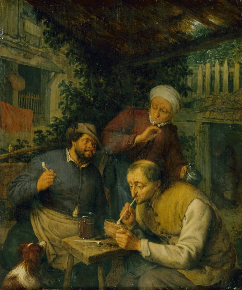Two Peasants Smoking, by Adriaen van Ostade, oil, 1664