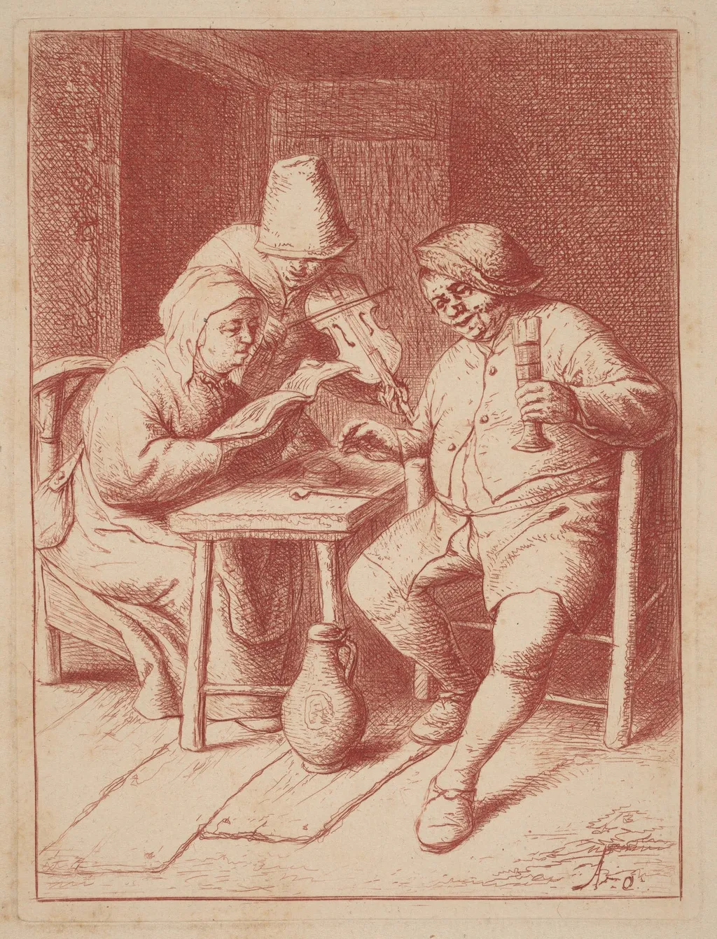 Two Singers and a Fiddler in an Interior, by Adriaen van Ostade, ink, 1652