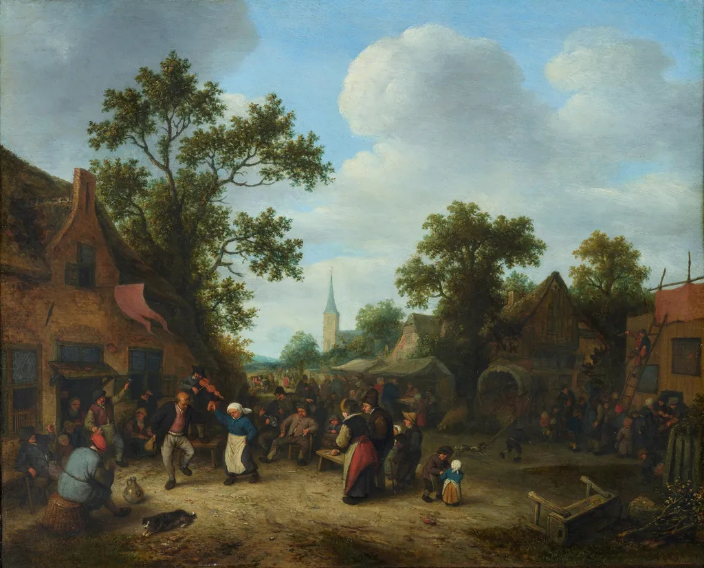 Village Festival with Dancing Peasant Couple, by Adriaen van Ostade, paint, 1665