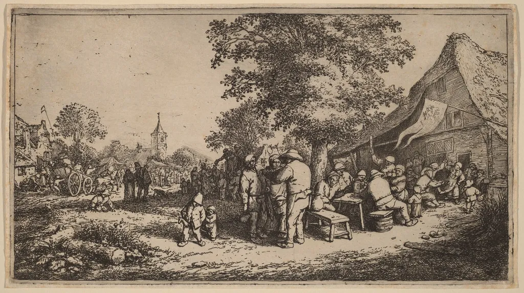 Village Kermesse with Drinkers Under a Tree, by Adriaen van Ostade, ink, 1652