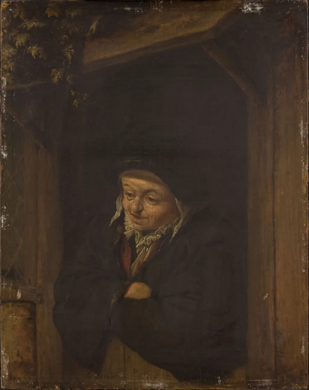 Woman Leaning out a Half-Door, by Adriaen van Ostade, oil, 1660