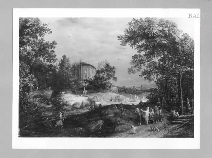 landscape with temple, inn and figures, by Adriaen van Stalbemt