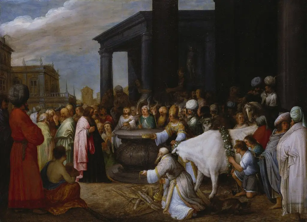 Paul and Barnabas are worshiped as gods in Lystra, by Adriaen van Stalbemt