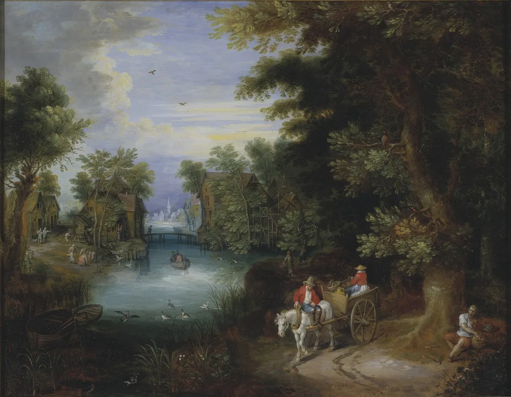 River Landscape with Peasants, by Adriaen van Stalbemt, oil, 1630