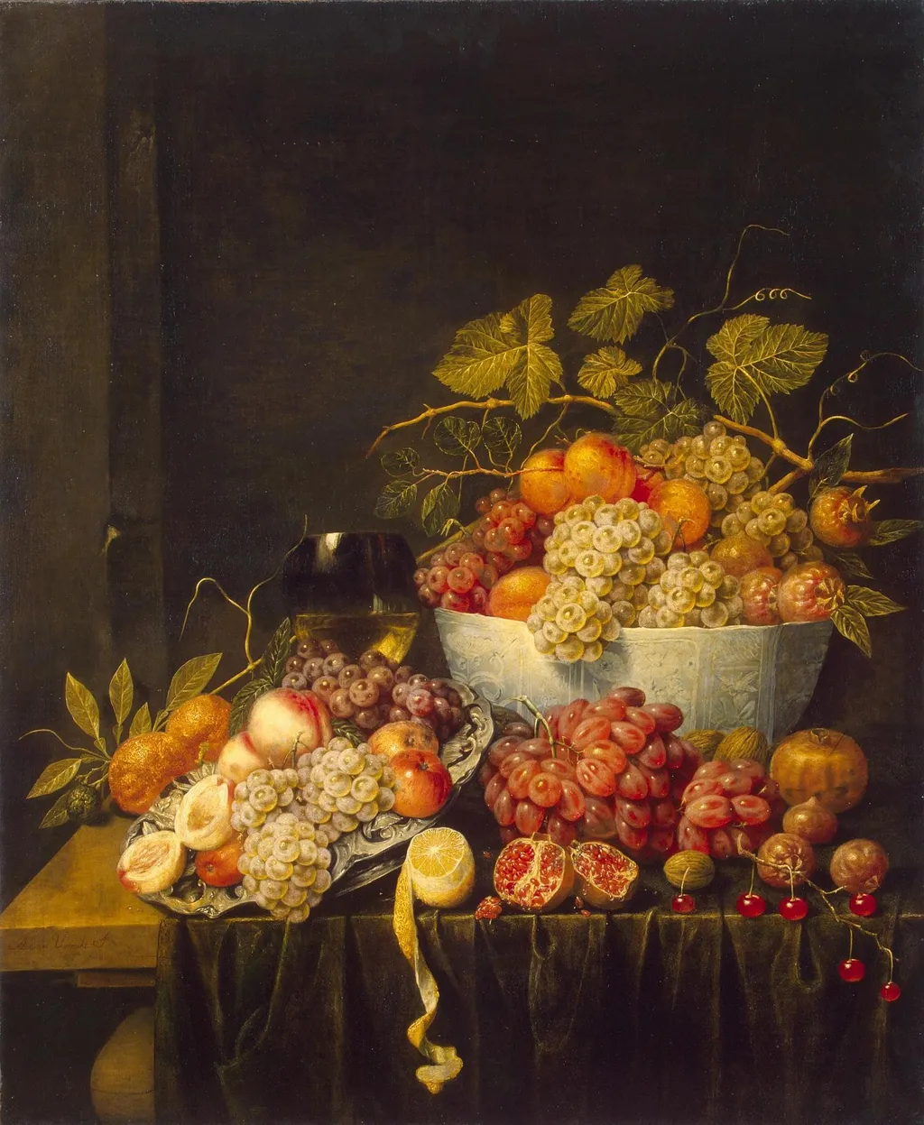 Still Life with Grapes, by Adriaen van Utrecht, oil, 1640