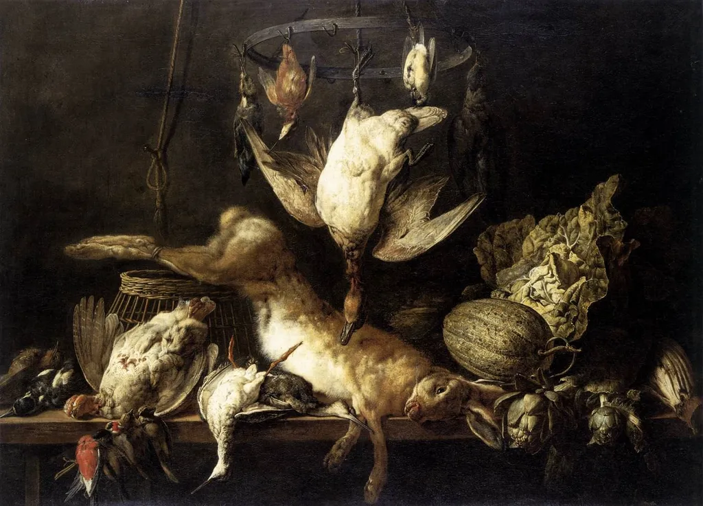 Still-Life with Hare and Birds on a Ring, by Adriaen van Utrecht, oil, 1646