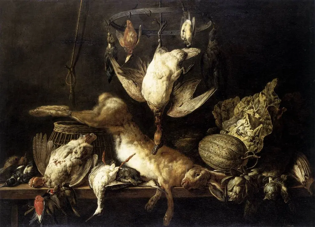 Still-Life with Hare and Birds on a Ring, by Adriaen van Utrecht
