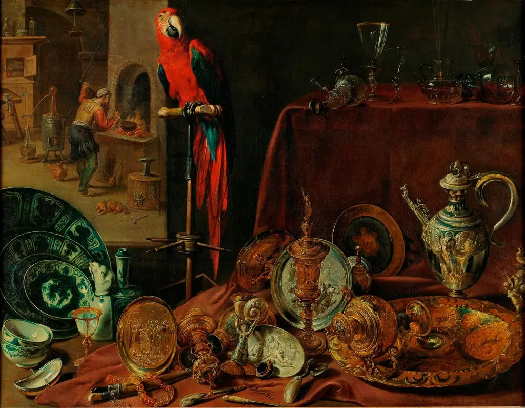 Still life with parrot, an allegory of fire, by Adriaen van Utrecht