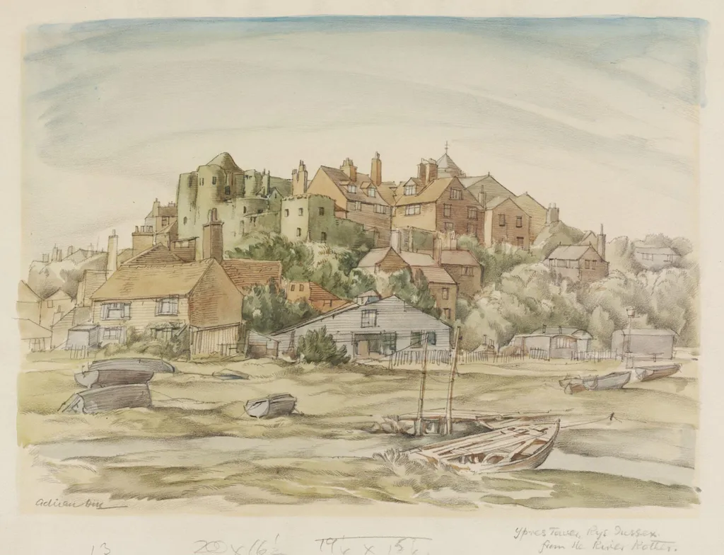 Ypres Tower, Rye, from the River Rother, Sussex, by Adrian Hill, watercolor, 1940