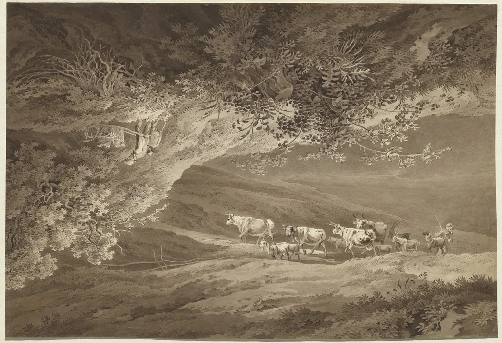 A Landscape with a Herd of Cows and Goats, Surmounted by Another Landscape, Upside-down, with a Man Pushing a Wheelbarrow, by Adrian Zingg, ink, 1800