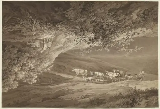 A Landscape with a Herd of Cows and Goats, Surmounted by Another Landscape, Upside-down, with a Man Pushing a Wheelbarrow, by Adrian Zingg