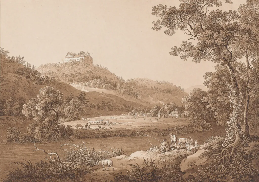 Augustusburg Castle Seen from the River, by Adrian Zingg, ink, 1794