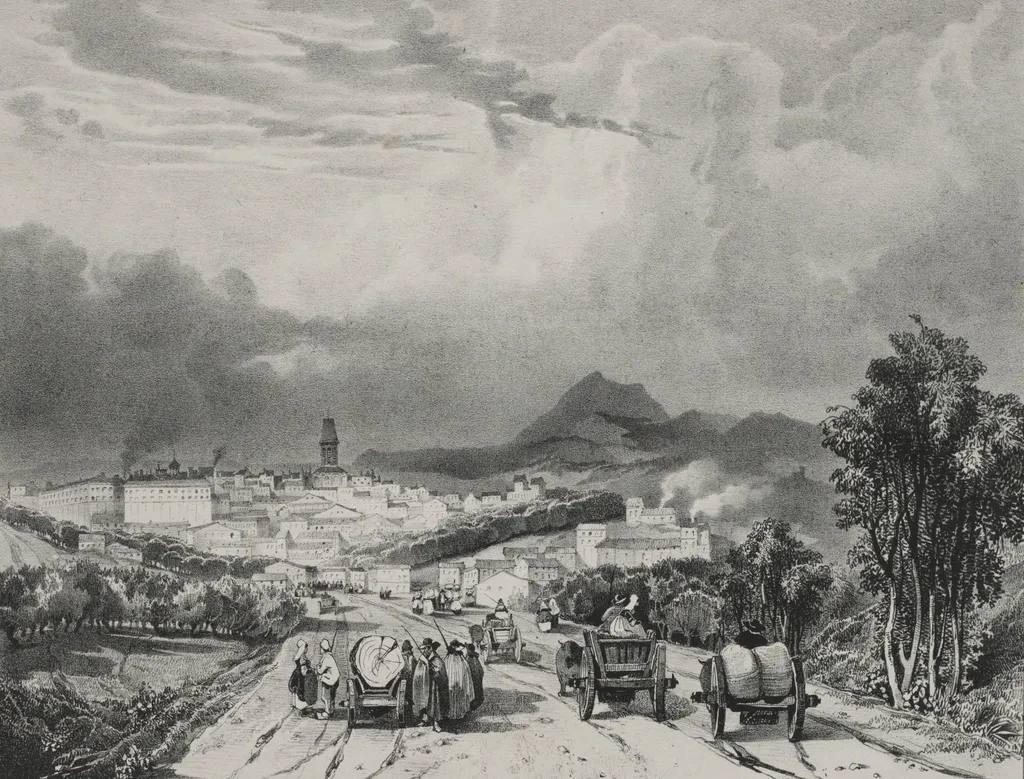 Vue generale de Riom, Auvergne, by Adrien Dauzats, 1829