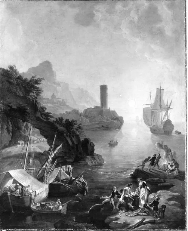 Meeresbucht bei Sonnenaufgang, by Adrien Manglard, unspecified, 1727