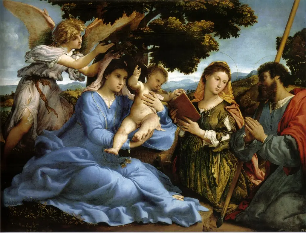 Madonna and child with Saint Catherine, Saint James the Greater, and an angel, by Lorenzo Lotto, oil, 1527