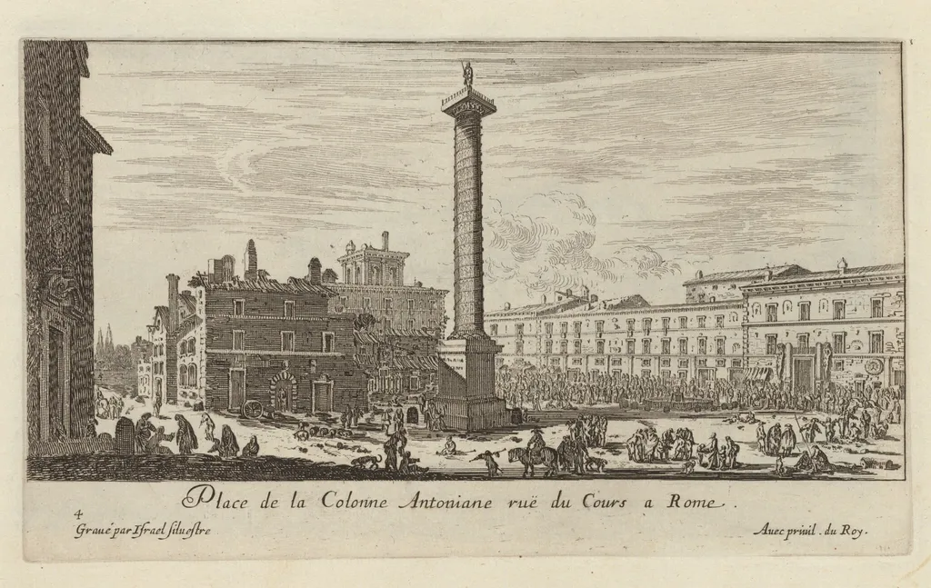 Place de la Colonne Antoniane ruë du Cours a Rome, by Israël Silvestre, ink, 1650