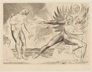 The Circle of the Corrupt Officials; the Devils Tormenting Ciampolo, by William Blake, ink, 1827