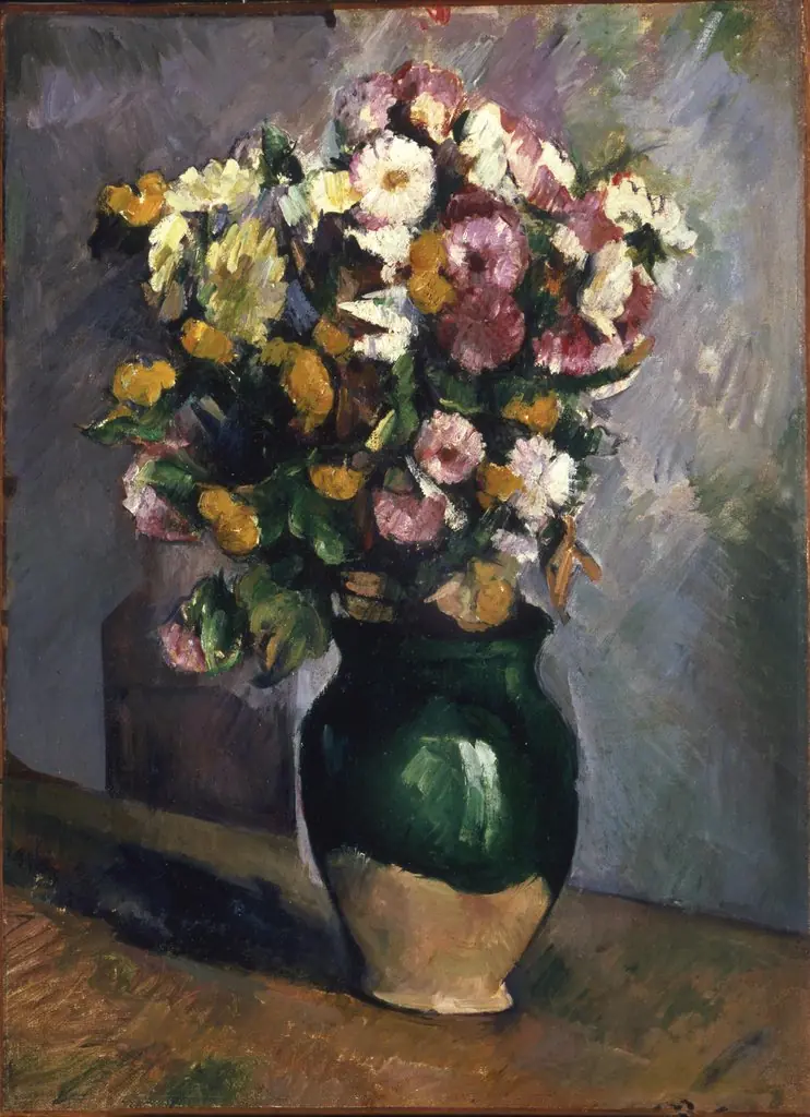 Still Life with Flowers in an Olive Jar, by Paul Cezanne, oil, 1890