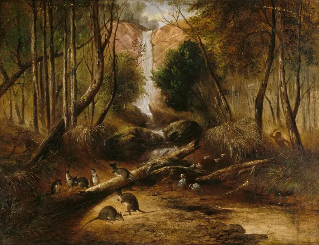 (Bush landscape with waterfall and an aborigine stalking ..., by John Skinner Prout, oil, 1860